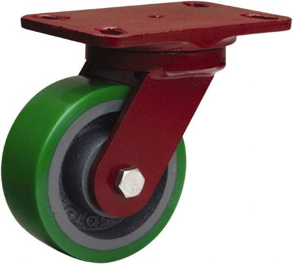 Hamilton - 5" Diam x 2" Wide x 6-3/4" OAH Top Plate Mount Swivel Caster - Polyurethane Mold onto Cast Iron Center, 1,050 Lb Capacity, Tapered Roller Bearing, 4-1/2 x 6-1/2" Plate - Caliber Tooling