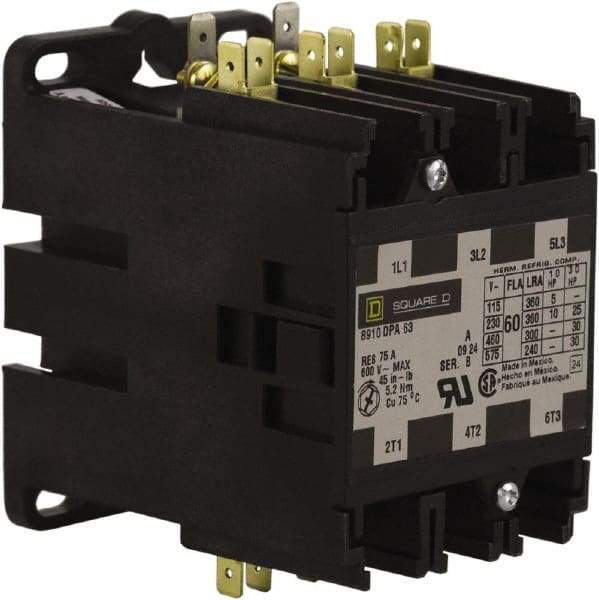 Square D - 3 Pole, 60 Amp Inductive Load, 24 Coil VAC at 50/60 Hz, Definite Purpose Contactor - Phase 1 and Phase 3 Hp:  10 at 230 VAC, 25 at 230 VAC, 30 at 460 VAC, 30 at 575 VAC, 5 at 115 VAC, 75 Amp Resistive Rating, CE, CSA, UL Listed - Caliber Tooling