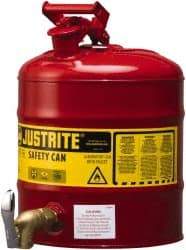 Justrite - 5 Gal Galvanized Steel Self-Closing, Self-Venting, Full-Length Flame Arrester with Bottom Faucet - 16-7/8" High x 11-3/4" Diam, Red with Yellow - Caliber Tooling