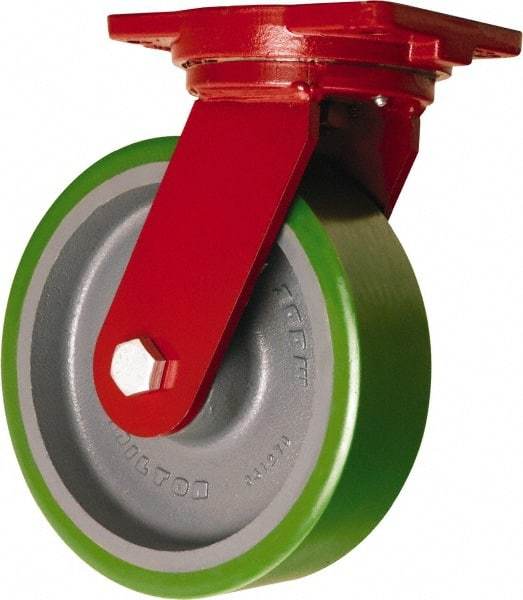 Hamilton - 10" Diam x 3" Wide x 12-1/2" OAH Top Plate Mount Swivel Caster - Polyurethane Mold onto Cast Iron Center, 3,000 Lb Capacity, Tapered Roller Bearing, 6-1/8 x 7-1/2" Plate - Caliber Tooling