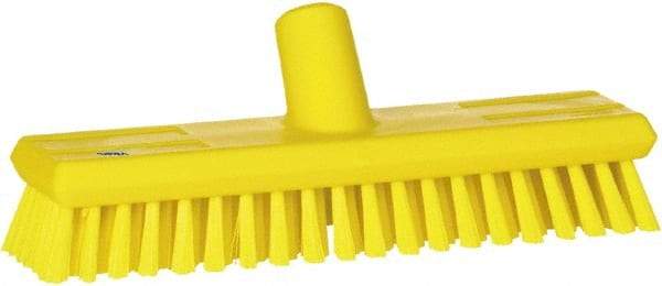 Vikan - 1.3" Bristle Length, Polyester Scrub Brush - 10-3/4" Long x 2-1/2" Wide Head, 11" OAL, European Threaded Handle, Yellow, Polypropylene Block - Caliber Tooling