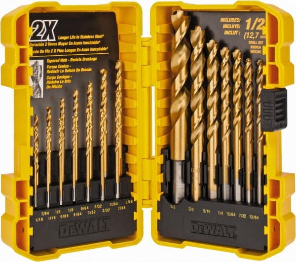 DeWALT - 1/16 to 1/2", 135° Point, Titanium Finish, High Speed Steel Jobber Length Drill Bit Set - Caliber Tooling