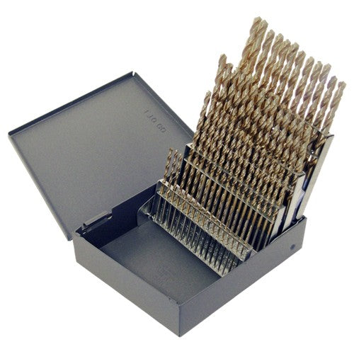 #1-#60 RHS / RHC HSS-CO 8% (M42) 135 Degree Split Point Heavy Duty Cobalt Screw Machine Length Drill Set - Straw / Gold Oxide - Exact Industrial Supply