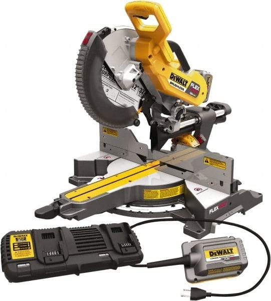 DeWALT - 15 Amp, 120 Volt, 3,800 RPM, 60° Right & 50° Left Double Bevel Sliding Miter Saw - 5/8 or 1" Arbor, 12" Blade Diam, Includes DHS790 Sliding Miter Saw, (2) DCB606 FLEXVOLT Batteries, DCA120 120V Adaptor & DCA132 Charger - Caliber Tooling