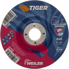 Weiler - 30 Grit, 5" Wheel Diam, 1/8" Wheel Thickness, 7/8" Arbor Hole, Type 27 Depressed Center Wheel - Medium Grade, Aluminum Oxide, Resinoid Bond, S Hardness, 12,200 Max RPM - Caliber Tooling