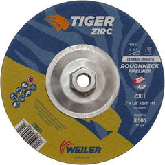 Weiler - 30 Grit, 7" Wheel Diam, 1/8" Wheel Thickness, Type 27 Depressed Center Wheel - Medium Grade, Zirconia Alumina, Resinoid Bond, T Hardness, 8,500 Max RPM - Caliber Tooling