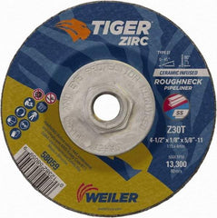 Weiler - 30 Grit, 4-1/2" Wheel Diam, 1/8" Wheel Thickness, Type 27 Depressed Center Wheel - Medium Grade, Zirconia Alumina, Resinoid Bond, T Hardness, 13,300 Max RPM - Caliber Tooling