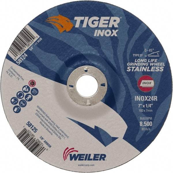 Weiler - 24 Grit, 7" Wheel Diam, 1/4" Wheel Thickness, 7/8" Arbor Hole, Type 27 Depressed Center Wheel - Coarse Grade, Aluminum Oxide, Resinoid Bond, R Hardness, 8,500 Max RPM - Caliber Tooling