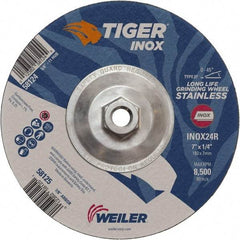 Weiler - 24 Grit, 7" Wheel Diam, 1/4" Wheel Thickness, Type 27 Depressed Center Wheel - Coarse Grade, Aluminum Oxide, Resinoid Bond, R Hardness, 8,500 Max RPM - Caliber Tooling