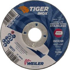 Weiler - 24 Grit, 4-1/2" Wheel Diam, 1/4" Wheel Thickness, 7/8" Arbor Hole, Type 27 Depressed Center Wheel - Coarse Grade, Aluminum Oxide, Resinoid Bond, R Hardness, 13,300 Max RPM - Caliber Tooling