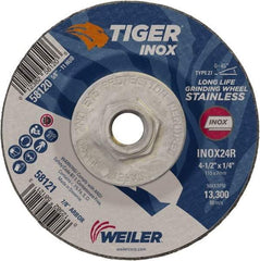 Weiler - 24 Grit, 4-1/2" Wheel Diam, 1/4" Wheel Thickness, Type 27 Depressed Center Wheel - Coarse Grade, Aluminum Oxide, Resinoid Bond, R Hardness, 13,300 Max RPM - Caliber Tooling