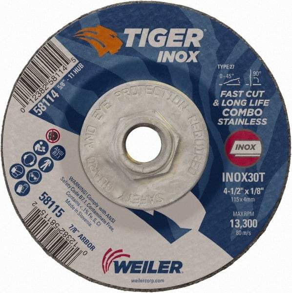 Weiler - 30 Grit, 4-1/2" Wheel Diam, 1/8" Wheel Thickness, Type 27 Depressed Center Wheel - Medium Grade, Aluminum Oxide, Resinoid Bond, T Hardness, 13,300 Max RPM - Caliber Tooling