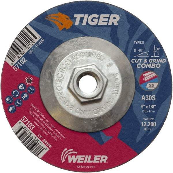 Weiler - 30 Grit, 5" Wheel Diam, 1/8" Wheel Thickness, Type 27 Depressed Center Wheel - Medium Grade, Aluminum Oxide, Resinoid Bond, S Hardness, 12,200 Max RPM - Caliber Tooling