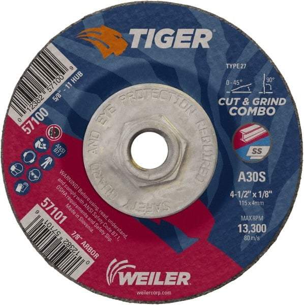 Weiler - 30 Grit, 4-1/2" Wheel Diam, 1/8" Wheel Thickness, Type 27 Depressed Center Wheel - Medium Grade, Aluminum Oxide, Resinoid Bond, S Hardness, 13,300 Max RPM - Caliber Tooling