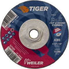 Weiler - 30 Grit, 4-1/2" Wheel Diam, 1/8" Wheel Thickness, Type 27 Depressed Center Wheel - Medium Grade, Aluminum Oxide, Resinoid Bond, S Hardness, 13,300 Max RPM - Caliber Tooling