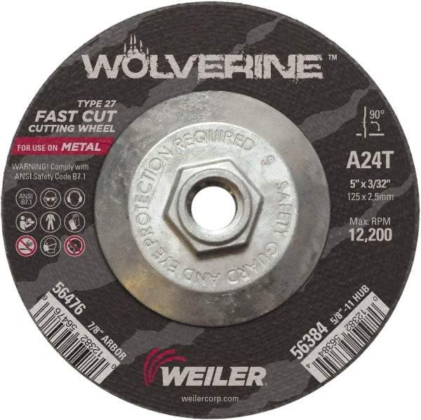 Weiler - 24 Grit, 5" Wheel Diam, 3/32" Wheel Thickness, Type 27 Depressed Center Wheel - Coarse Grade, Aluminum Oxide, Resinoid Bond, T Hardness, 12,200 Max RPM - Caliber Tooling