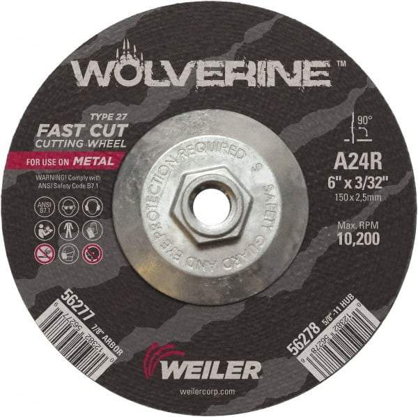 Weiler - 24 Grit, 6" Wheel Diam, 3/32" Wheel Thickness, Type 27 Depressed Center Wheel - Coarse Grade, Aluminum Oxide, Resinoid Bond, R Hardness, 10,200 Max RPM - Caliber Tooling