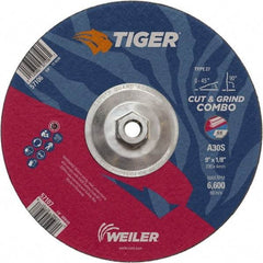 Weiler - 30 Grit, 9" Wheel Diam, 1/8" Wheel Thickness, Type 27 Depressed Center Wheel - Medium Grade, Aluminum Oxide, Resinoid Bond, S Hardness, 6,600 Max RPM - Caliber Tooling