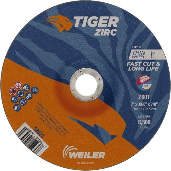 Weiler - 60 Grit, 7" Wheel Diam, 7/8" Arbor Hole, Type 27 Depressed Center Wheel - Medium Grade, Zirconia Alumina, Resinoid Bond, T Hardness, 8,500 Max RPM - Caliber Tooling