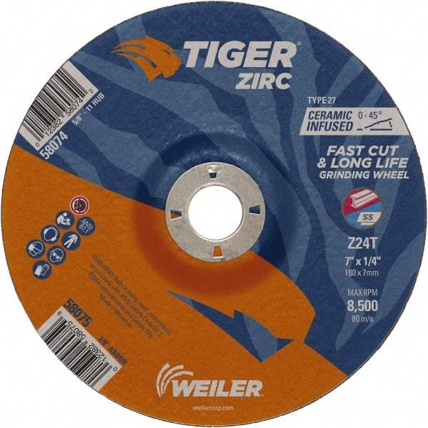 Weiler - 24 Grit, 7" Wheel Diam, 1/4" Wheel Thickness, 7/8" Arbor Hole, Type 27 Depressed Center Wheel - Coarse Grade, Zirconia Alumina, Resinoid Bond, T Hardness, 8,500 Max RPM - Caliber Tooling