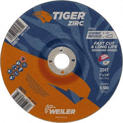 Weiler - 24 Grit, 7" Wheel Diam, 1/4" Wheel Thickness, 7/8" Arbor Hole, Type 27 Depressed Center Wheel - Coarse Grade, Zirconia Alumina, Resinoid Bond, T Hardness, 8,500 Max RPM - Caliber Tooling