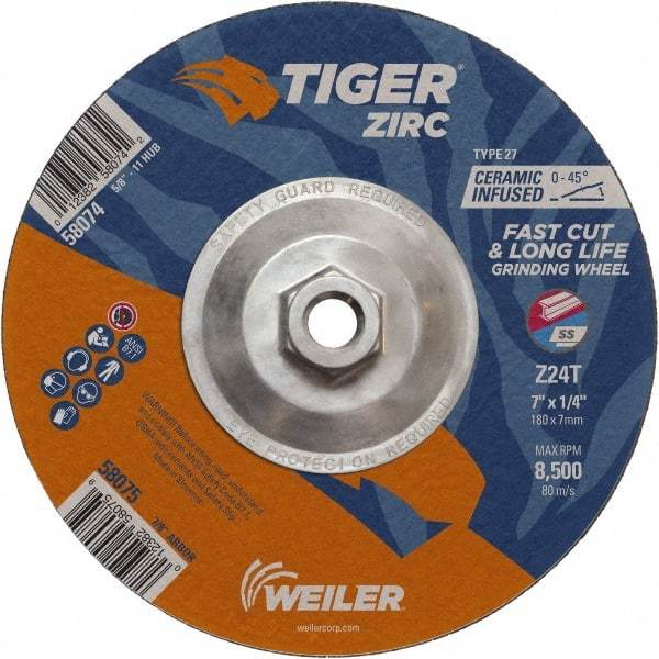 Weiler - 24 Grit, 7" Wheel Diam, 1/4" Wheel Thickness, Type 27 Depressed Center Wheel - Coarse Grade, Zirconia Alumina, Resinoid Bond, T Hardness, 8,500 Max RPM - Caliber Tooling