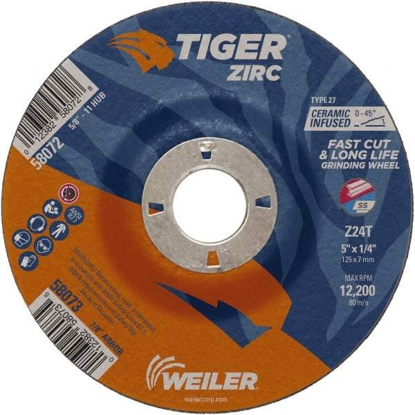 Weiler - 24 Grit, 5" Wheel Diam, 1/4" Wheel Thickness, 7/8" Arbor Hole, Type 27 Depressed Center Wheel - Coarse Grade, Zirconia Alumina, Resinoid Bond, T Hardness, 12,200 Max RPM - Caliber Tooling