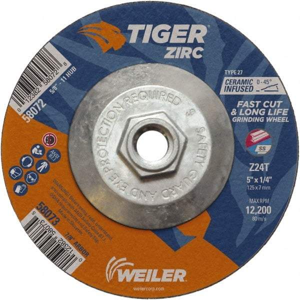 Weiler - 24 Grit, 5" Wheel Diam, 1/4" Wheel Thickness, Type 27 Depressed Center Wheel - Coarse Grade, Zirconia Alumina, Resinoid Bond, T Hardness, 12,200 Max RPM - Caliber Tooling