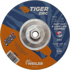 Weiler - 30 Grit, 7" Wheel Diam, 1/8" Wheel Thickness, Type 27 Depressed Center Wheel - Medium Grade, Zirconia Alumina, Resinoid Bond, T Hardness, 8,500 Max RPM - Caliber Tooling