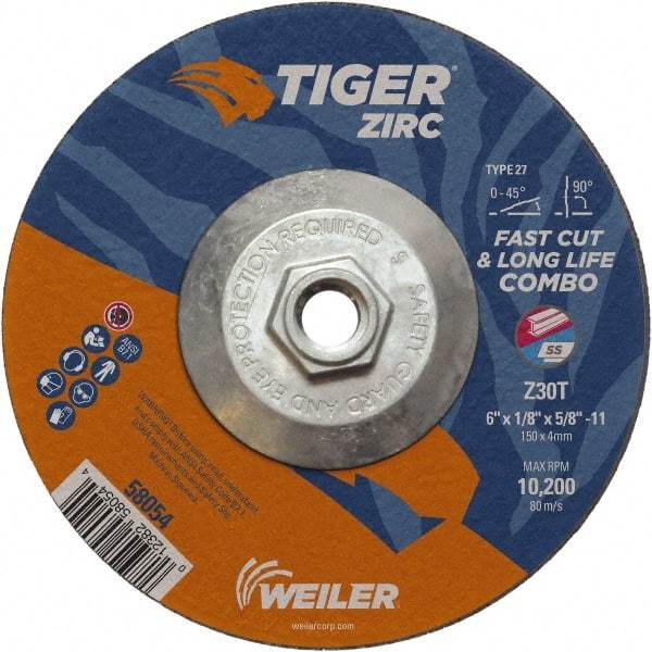 Weiler - 30 Grit, 6" Wheel Diam, 1/8" Wheel Thickness, Type 27 Depressed Center Wheel - Medium Grade, Zirconia Alumina, Resinoid Bond, T Hardness, 10,200 Max RPM - Caliber Tooling