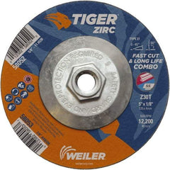 Weiler - 30 Grit, 5" Wheel Diam, 1/8" Wheel Thickness, Type 27 Depressed Center Wheel - Medium Grade, Zirconia Alumina, Resinoid Bond, T Hardness, 12,200 Max RPM - Caliber Tooling