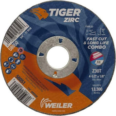 Weiler - 30 Grit, 4-1/2" Wheel Diam, 1/8" Wheel Thickness, 7/8" Arbor Hole, Type 27 Depressed Center Wheel - Medium Grade, Zirconia Alumina, Resinoid Bond, T Hardness, 13,300 Max RPM - Caliber Tooling