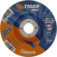 Weiler - 30 Grit, 5" Wheel Diam, 1/8" Wheel Thickness, 7/8" Arbor Hole, Type 27 Depressed Center Wheel - Medium Grade, Zirconia Alumina, Resinoid Bond, T Hardness, 12,200 Max RPM - Caliber Tooling