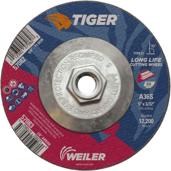 Weiler - 60 Grit, 5" Wheel Diam, 3/32" Wheel Thickness, Type 27 Depressed Center Wheel - Medium Grade, Aluminum Oxide, Resinoid Bond, T Hardness, 12,200 Max RPM - Caliber Tooling