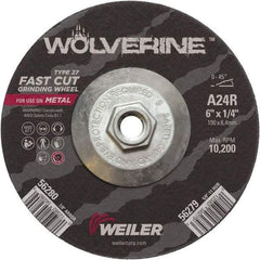 Weiler - 24 Grit, 6" Wheel Diam, 1/4" Wheel Thickness, Type 27 Depressed Center Wheel - Coarse Grade, Aluminum Oxide, Resinoid Bond, R Hardness, 10,200 Max RPM - Caliber Tooling