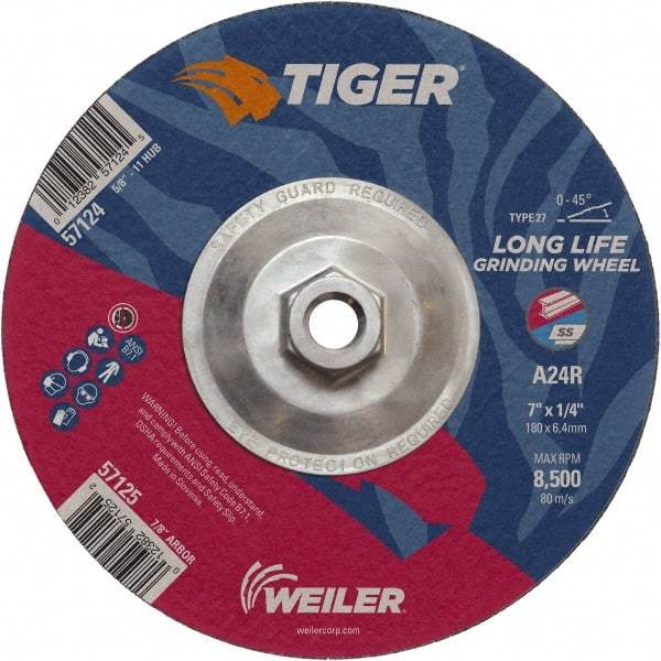 Weiler - 24 Grit, 7" Wheel Diam, 1/4" Wheel Thickness, Type 27 Depressed Center Wheel - Coarse Grade, Aluminum Oxide, Resinoid Bond, R Hardness, 8,500 Max RPM - Caliber Tooling