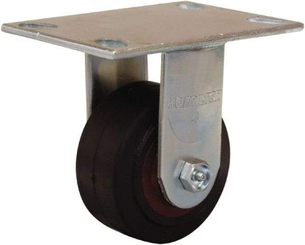 Hamilton - 4" Diam x 2" Wide x 5-5/8" OAH Top Plate Mount Rigid Caster - Rubber Mold on Cast Iron, 300 Lb Capacity, Straight Roller Bearing, 4-1/2 x 6-1/4" Plate - Caliber Tooling