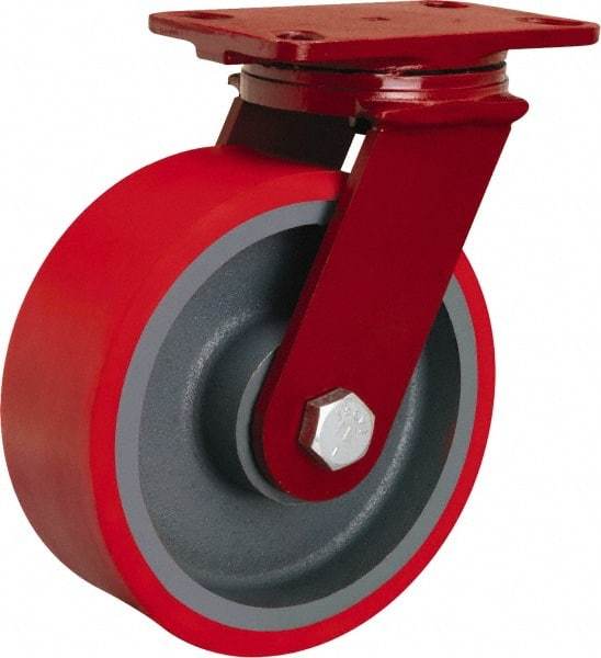 Hamilton - 8" Diam x 3" Wide x 10-1/8" OAH Top Plate Mount Swivel Caster - Polyurethane Mold onto Cast Iron Center, 2,200 Lb Capacity, Sealed Precision Ball Bearing, 4-1/2 x 6-1/2" Plate - Caliber Tooling