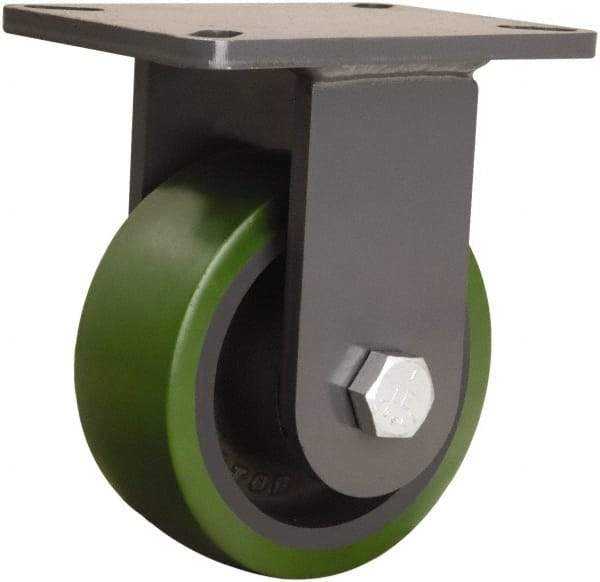 Hamilton - 6" Diam x 2-1/2" Wide x 8" OAH Top Plate Mount Rigid Caster - Polyurethane Mold onto Cast Iron Center, 1,600 Lb Capacity, Tapered Roller Bearing, 5-1/4 x 7-1/4" Plate - Caliber Tooling