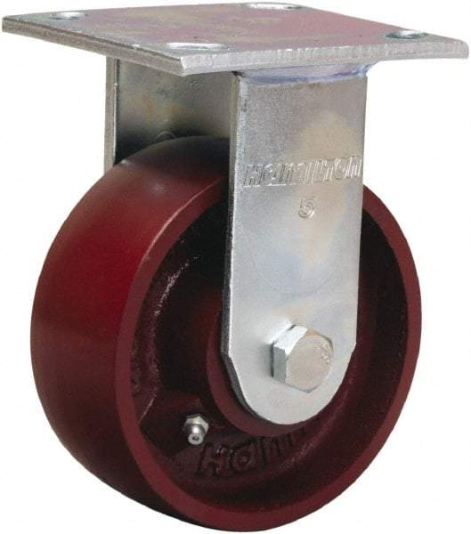 Hamilton - 5" Diam x 2" Wide x 7" OAH Top Plate Mount Rigid Caster - Cast Iron, 1,250 Lb Capacity, Precision Ball Bearing, 4 x 4-1/2" Plate - Caliber Tooling