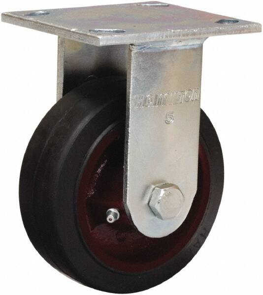 Hamilton - 4" Diam x 2" Wide x 5-5/8" OAH Top Plate Mount Rigid Caster - Rubber Mold on Cast Iron, Straight Roller Bearing, 4 x 4-1/2" Plate - Caliber Tooling