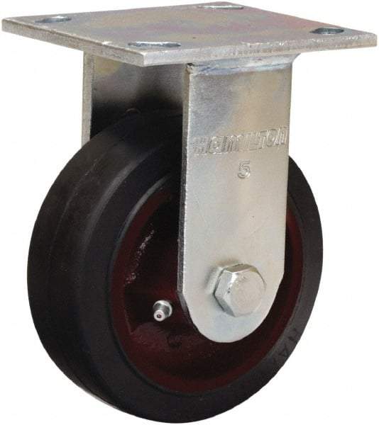 Hamilton - 5" Diam x 2" Wide x 6-1/2" OAH Top Plate Mount Rigid Caster - Rubber Mold on Cast Iron, 350 Lb Capacity, Straight Roller Bearing, 4 x 4-1/2" Plate - Caliber Tooling