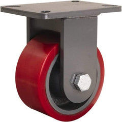 Hamilton - 6" Diam x 3" Wide x 8" OAH Top Plate Mount Rigid Caster - Polyurethane Mold onto Cast Iron Center, 2,600 Lb Capacity, Tapered Roller Bearing, 5-1/4 x 7-1/4" Plate - Caliber Tooling