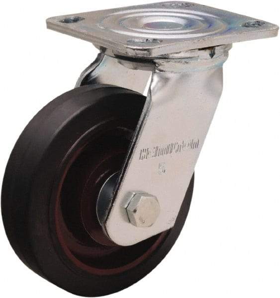 Hamilton - 5" Diam x 1-1/2" Wide x 6-1/8" OAH Top Plate Mount Swivel Caster - Rubber Mold on Cast Iron, 240 Lb Capacity, Straight Roller Bearing, 4 x 4-1/2" Plate - Caliber Tooling