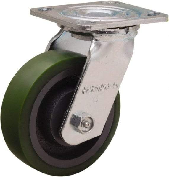 Hamilton - 5" Diam x 1-1/2" Wide x 6-1/8" OAH Top Plate Mount Swivel Caster - Polyurethane Mold onto Cast Iron Center, 550 Lb Capacity, Straight Roller Bearing, 4 x 4-1/2" Plate - Caliber Tooling