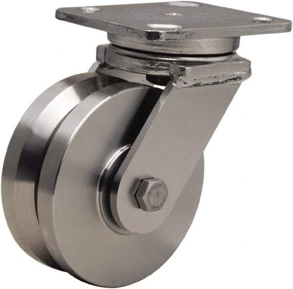 Hamilton - 5" Diam x 2" Wide, Stainless Steel Swivel Caster - 950 Lb Capacity, Top Plate Mount, 4" x 5" Plate, Delrin Bearing - Caliber Tooling