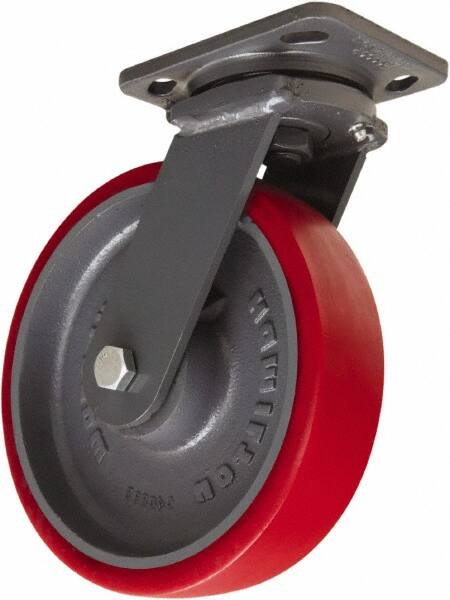 Hamilton - 8" Diam x 2" Wide x 9-1/2" OAH Top Plate Mount Swivel Caster - Polyurethane Mold onto Cast Iron Center, 1,800 Lb Capacity, Sealed Precision Ball Bearing, 4 x 5" Plate - Caliber Tooling