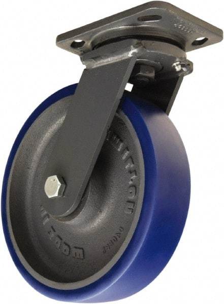 Hamilton - 8" Diam x 2" Wide x 9-1/2" OAH Top Plate Mount Swivel Caster - Polyurethane Mold onto Cast Iron Center, 1,200 Lb Capacity, Tapered Roller Bearing, 4 x 5" Plate - Caliber Tooling