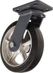 Hamilton - 8" Diam x 2" Wide x 9-1/2" OAH Top Plate Mount Swivel Caster - Rubber Mold on Cast Iron, 500 Lb Capacity, Tapered Roller Bearing, 4 x 5" Plate - Caliber Tooling