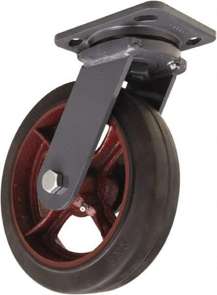 Hamilton - 8" Diam x 2" Wide x 9-1/2" OAH Top Plate Mount Swivel Caster - Rubber Mold on Cast Iron, 500 Lb Capacity, Straight Roller Bearing, 4 x 5" Plate - Caliber Tooling